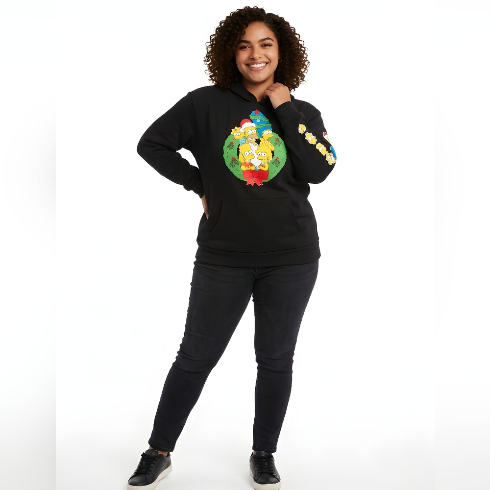 The Simpsons Family Christmas Wreath Black Graphic Hoodie W/Sleeve Graphic Sz XL